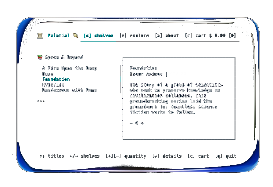 Screenshot of Palatial terminal interface showing science fiction book selection